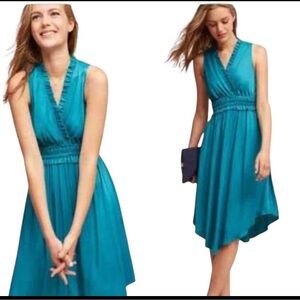 Maeve by Anthropologie La Habana Plunge Midi Hi Low Dress Teal XL